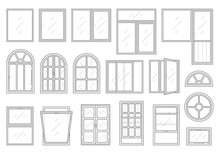 Icons Set Of Windows Different Types. Pictogram Collection In Thin Linear Style. Classic Architecture Elements. Simple Design. Vector Illustration In Black Color Isolated On White Background