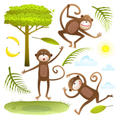 Wall Mural - Funny Monkeys friends with tree leaves sun clouds lawn clip art collection