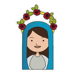 Wall Mural - white background of colorful half body beautiful virgin with crown of roses and blue mantle vector illustration