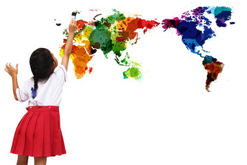 little girl painting watercolor world map on a white wall.