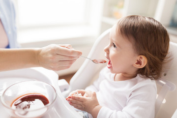 Wall Mural - mother feeding baby with puree at home