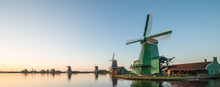 Traditional Dutch Windmills With Canal Close