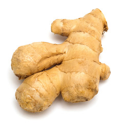 Fresh ginger root isolated on white background. Flat lay, top view