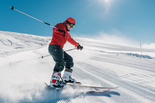 Man With Special Ski Equipment Is Riding Very Fast In The Mountain Hill