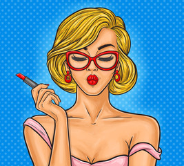  pop art illustration woman paints her lips.