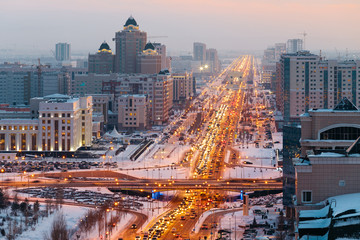 Wall Mural - View from above on a large avenue that goes to the horizon in Astana, Kazakhstan