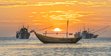 Mui Ne, Vietnam - February 19th, 2017: Vietnamese Fishing Village, Landscape Sunset With Sea And Traditional Colorful Fishing Boats In Mui Ne, Vietnam