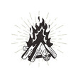 Hand drawn campfire illustration. Sunbursts included. Outdoor camping themed print for t-shirt, isolated on white background. Letterpress old style