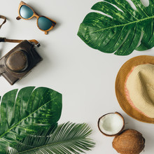 Creative  Tropical Summer Travel Layout. Flat Lay.  Vacation Concept.