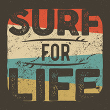 Vintage T-shirt Apparel Graphic Design For Surfing Company. Retro Surf Tee Design. Use As Web Banner, Poster, Advertising Or Print It. Summer Surfer Design With Surfboards. Retro Colors