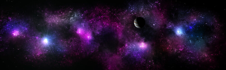 Wall Mural - Panorama of star clusters. planet against the background galaxies, Space landscape
