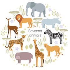 african animals elephant, rhino, giraffe, cheetah, zebra lion hippo isolated savanna vector illustra