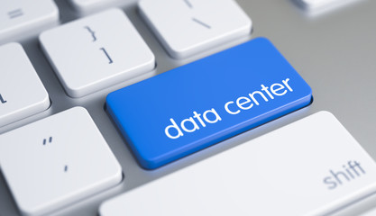 Poster - Caption on the Blue Keyboard Enter Button, for Data Center Concept. Modern Keyboard Key Showing the Text Data Center. Message on Blue Keyboard Button. 3D.