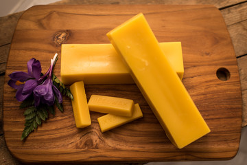 Beeswax Bricks on cutting board