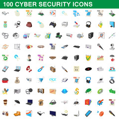 Poster - 100 cyber security icons set, cartoon style