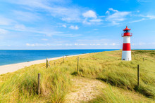 Ellenbogen Lighthouse On Sand Dune And Beach View On Northern Coast Of Sylt Island, Germany