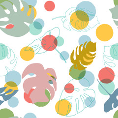 Poster - Modern floral abstract background. Seamless colorful dots  and tropical leaves pattern. Watercolor style circles. EPS 10 stock vector repeat for your design projects, textile, wrapping.