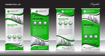 Green Roll Up Banner template vector illustration,polygon background ,standy design , display,advertisement, pull up