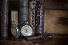 Ancient Bibles With Pocket Watch.