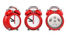 Three Views Of Cartoon Red Alarm Clock. 3d Illustration, Isolated On White Background.