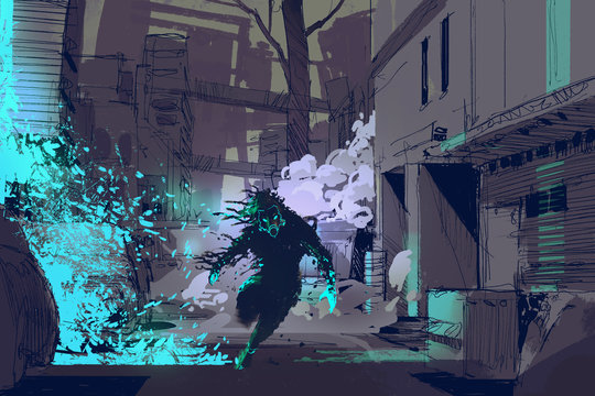 sci-fi concept of the futuristic beast running from blue light particles in city alley, illustration