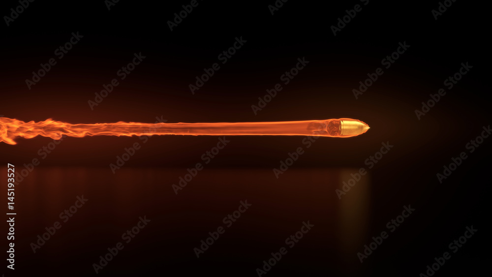 3d illustration of a flying bullet with fire trail - obrazy, fototapety, plakaty 