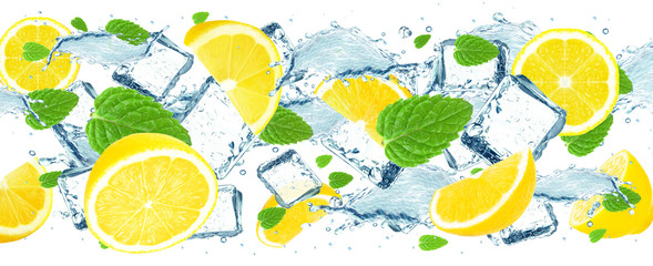 Poster - Lemon splash, water and ice cubes isolated