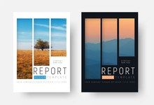 Set Of White And Black Report Covers With A Landscape And Mountains In A Minimalist Style