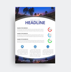 Poster - Flyer format A4 format. Design of a cover with round elements and a photo of the sky.