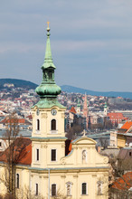 Saint Catherine Of Alexandria Church And Buda Bank Of Danube, View From Gellert Hill In Budapest, Hungary. Alexandriai Szent Katalin Templom