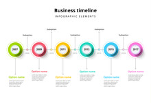 Business Timeline In Step Circles Infographics. Corporate Milestones Graphic Elements. Company Presentation Slide Template With Year Periods. Modern Vector History Time Line Layout Design.