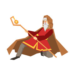 Poster - Old wizard holding magic staff. Colorful fairy tale character Illustration