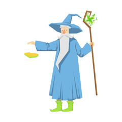 Poster - Old bearded wizard in a blue pointed hat holding magic staff. Colorful fairy tale character Illustration