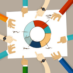 Poster - doughnut circle chart hand drawing sketch analysis. team member together working discuss in a meeting hands pointing to paper