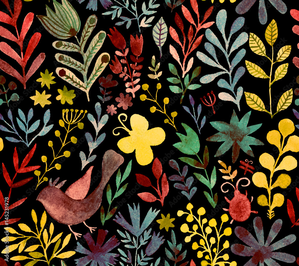 Watercolor texture with flowers and plants. Floral ornament. Original flowers on black background.