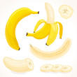 Vector banana in various forms. Whole, sliced, half of banana isolated on white background. Illustration in cartoon style.