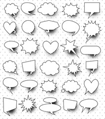 A set of comic speech bubbles and elements with halftone shadows.