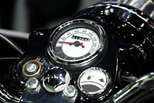 Sport Motorbike Control Panel With Speedometer And Revs Counter. Closeup At Speedometer.