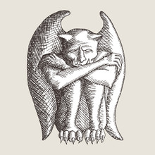 Sad Gargoyle Old Print Style Sketch. Hand Drawn With Vintage Coloring.