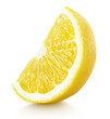 Ripe slice of yellow lemon citrus fruit stand isolated on white background with clipping path