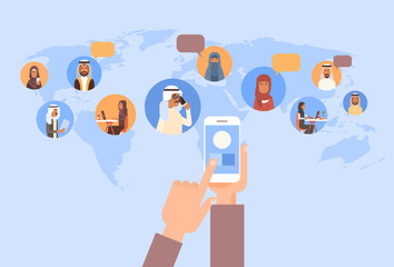 Poster - hand using cell smart phone, muslim people chat media communication social network arabic men and wo