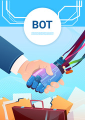 Poster - chat bot hand shaking with people robot virtual assistance of website or mobile applications, artifi