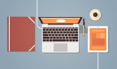 Poster - Workplace Desk Top Angle View Laptop And Tablet Computer Flat Vector Illustration