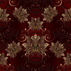 Damask floral  seamless pattern. Dark red background wallpaper illustration with vintage antique gold  3d flowers, leaves  and ornaments in Baroque style. Vector  surface  texture