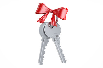 Poster - Two keys with red bow, 3D rendering