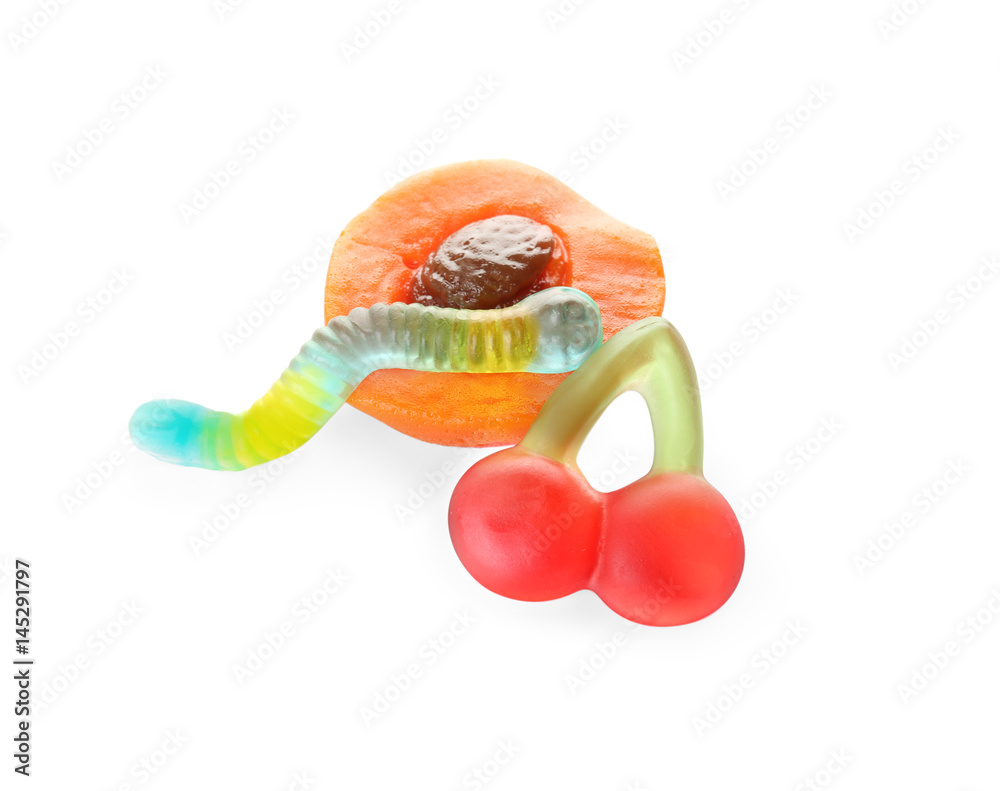 Fruit jelly candies on white background