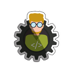 Sticker - programmer man faceless glasses vector icon illustration