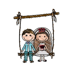 Wall Mural - color pencil drawing of caricature married guy and girl sit in swing hanging from a branch vector illustration