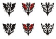 Two-headed eagle symbols. Heraldic eagle icons with crowns in red-black tones