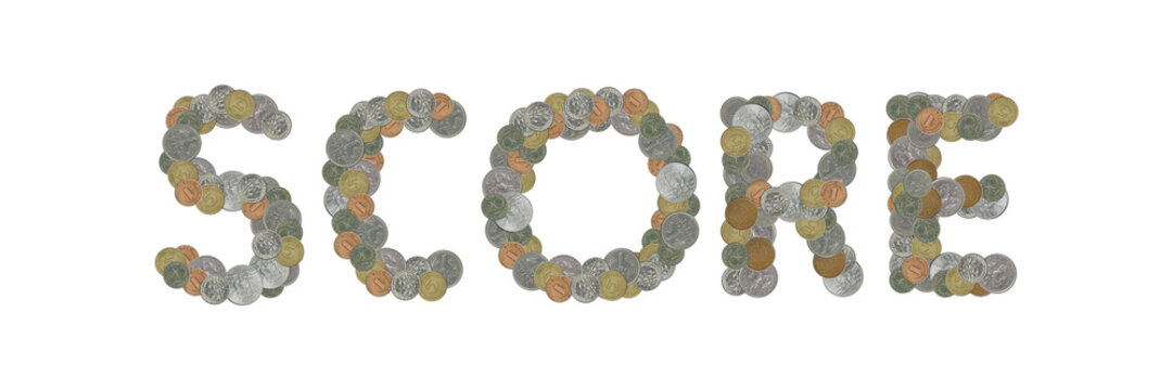 SCORE – Coins on white  background